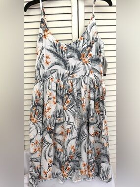 NEW RIP CURL button details Tropical adjustable strap dress Gray Orange Blooms